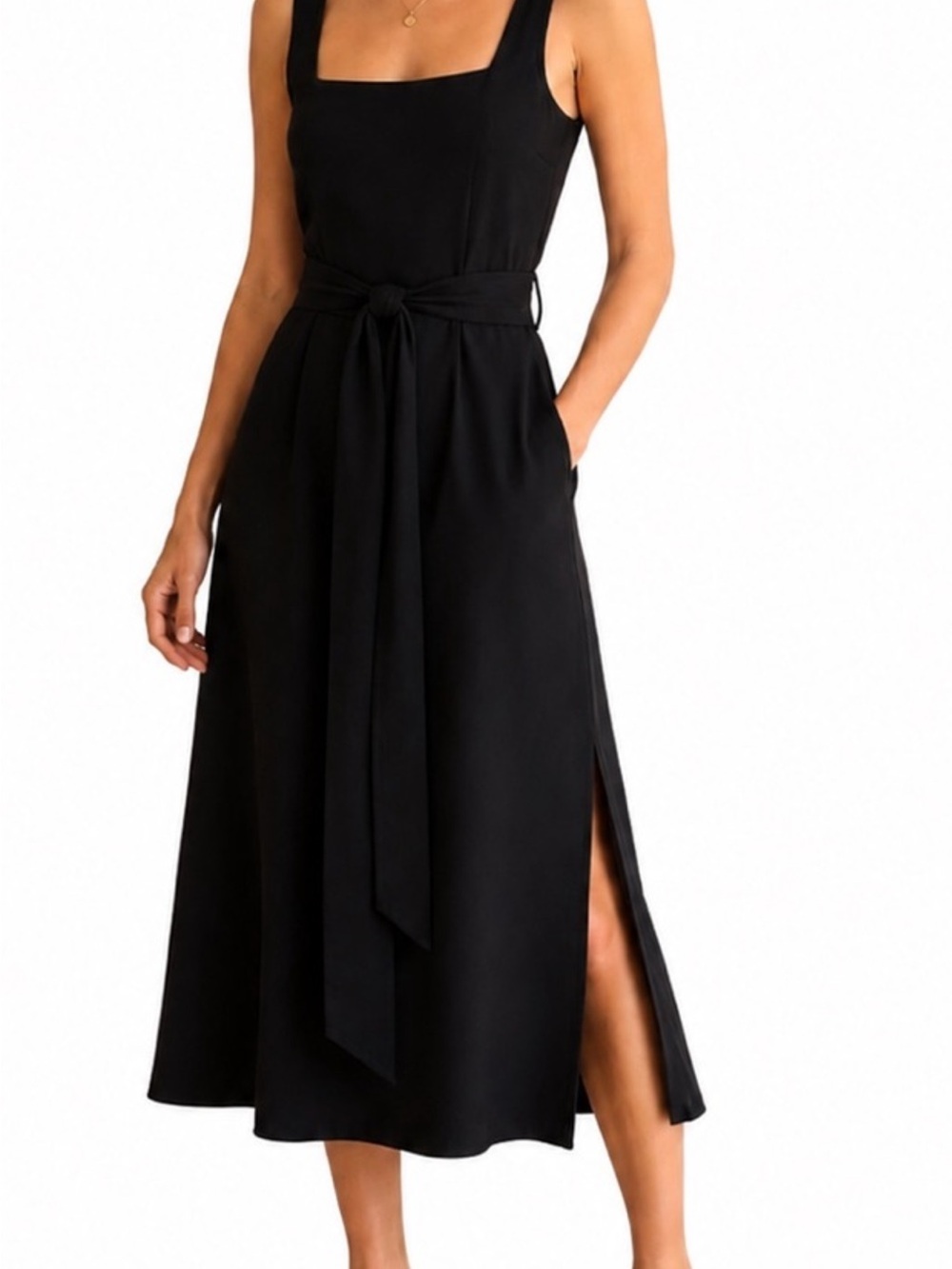 Vince Black Square-Neck Midi Dress with Waist Tie